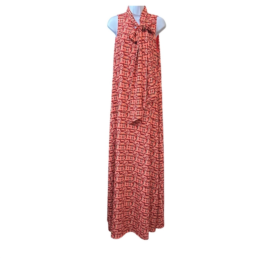 TOCCIN NY Maxi Dress Mod Retro Geometric Chic Sophisticated Tie Neck 4